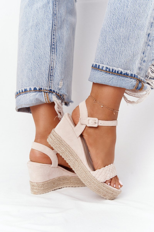 Sandały Na Koturnie Z Plecionką Beżowe Baleary