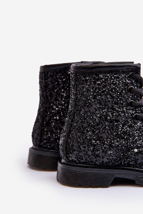 Children's Glittery Lined Boots with Zipper Black Saussa