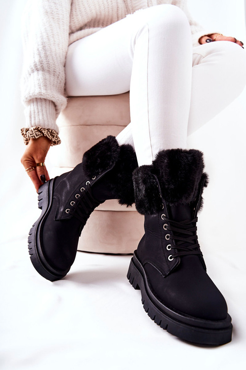 Skórzane Ocieplane Botki Z Futerkiem Czarne Farley