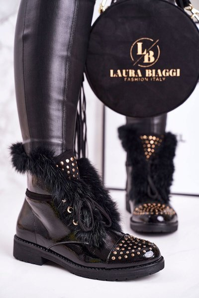 Women's Insulated Boots With Studs And Fur Shiny Glam