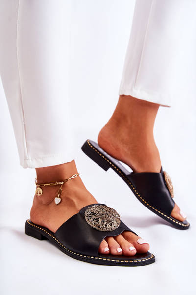 Women's Leather Slippers With Decoration Black Colene