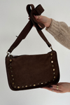 Leather Suede Bag Decorated with Rhinestones Chocolate Savra