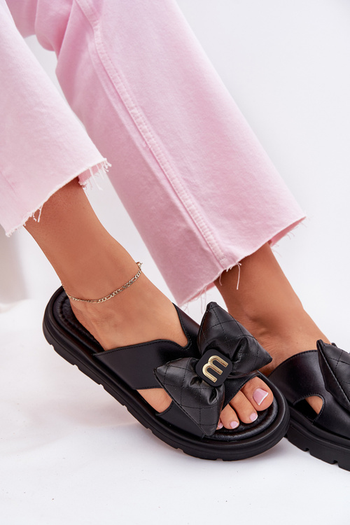 Ladies leather sandals on platform with bow CheBello 4647 black