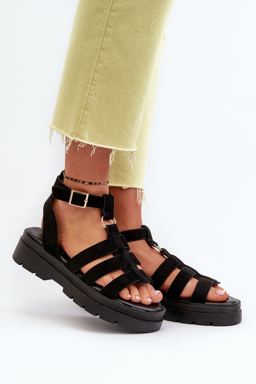 Women's Black Gladiator Sandals Made of Faux Suede Dorameia