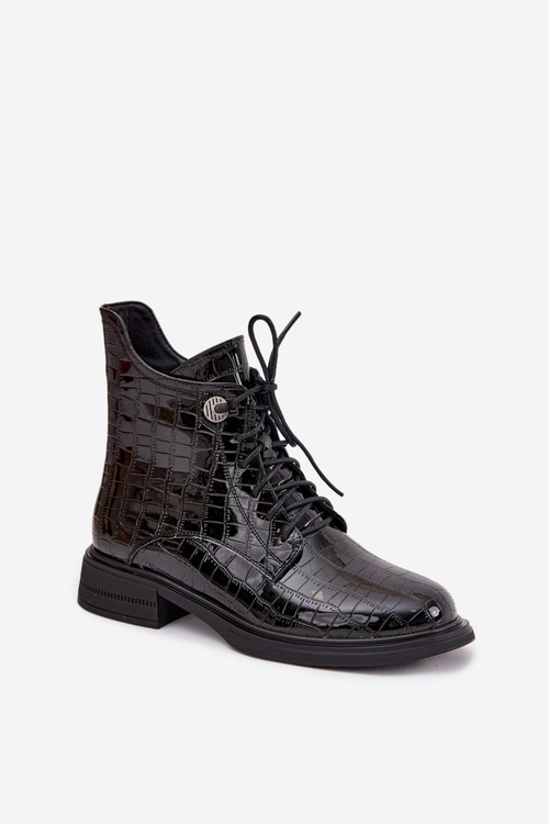 Leather lacquered ankle boots with embossing lined black Juviane