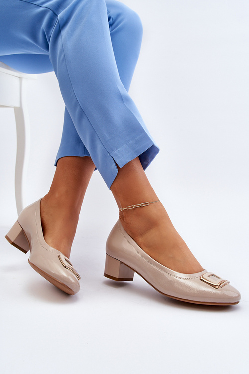 Beige Enollia Patent Court Shoes with Embellishment