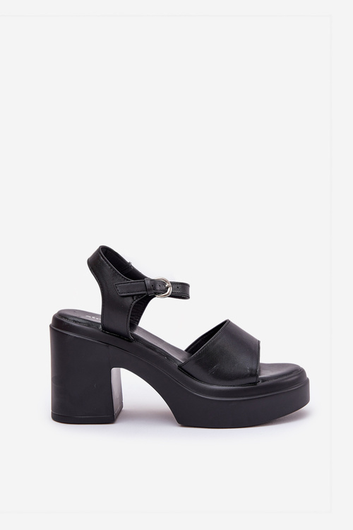 Ladies sandals on chunky heel and platform made of eco leather black Korlevia