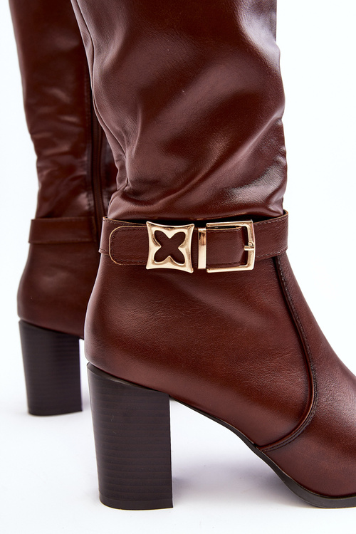 Kozaki Damskie Słupek Klamra Ocieplane Brązowe Sendilia KZ103