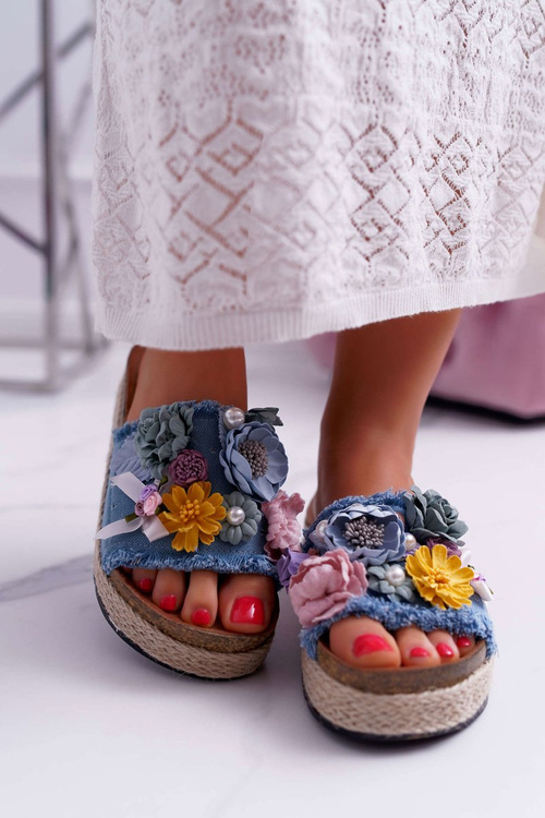 Women's Flip Flops With Flowers Thick Sole Blue Amadeo