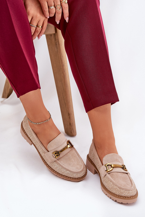 Mokasyny Damskie Eko Zamszowe Ze Złotym Detalem I Plecionką Beżowe Seffolia