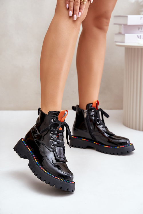 Leather Patent Ankle Boots Worker With Zipper Black Anafra