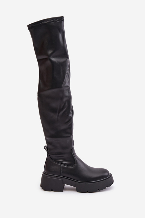 Knee High Platform And Flat Heel Boots Made Of Eco Leather Black Loreviana
