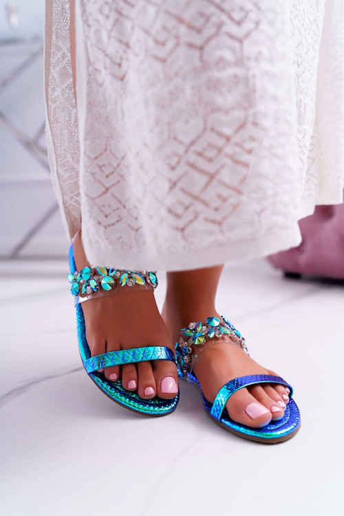 Women's Lu Boo Elegant Zirconia Flip Flops Blue Elementary