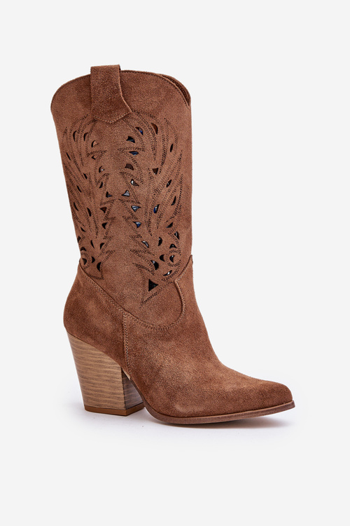 Kozaki Ażurowe Zamszowe Na Słupku Do Połowy Łydki Brązowe Lewski 3609