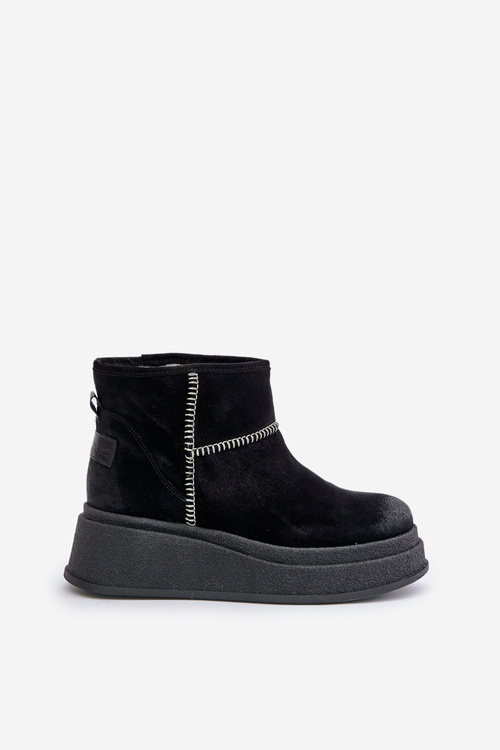 Damskie Śniegowce Botki Skórzane Zamszowe Na Platformie I Koturnie Czarne Maciejka 06769-01