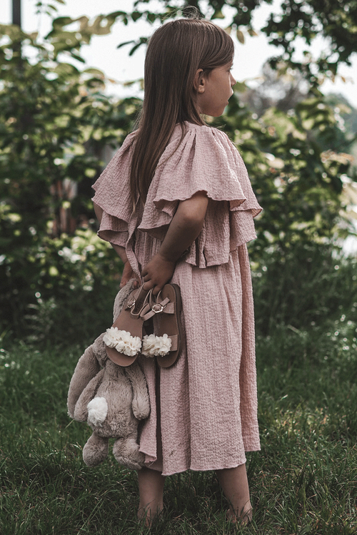 Fashionable Children's Sandals With Flowers Beige-gold Poly