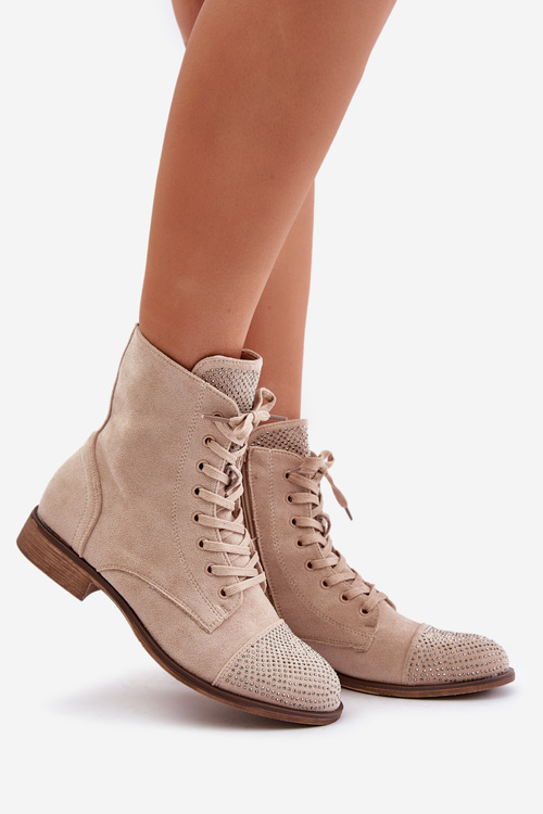 Decorated Flat Heel Boots Eco Suede Insulated Light Beige Ellieo