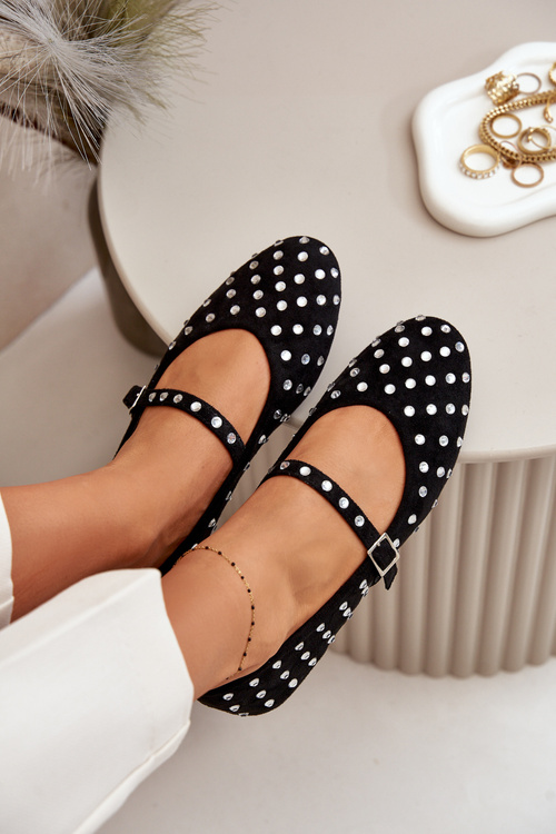 Decorated Ballerinas With Strap Eco Suede Black Tirilissa