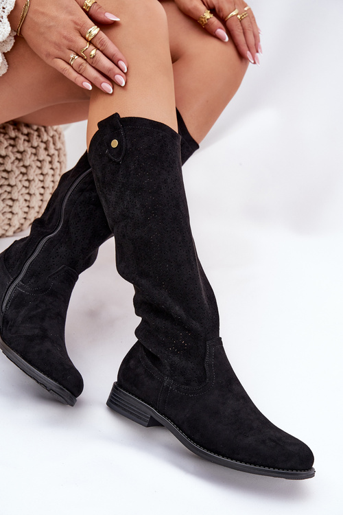Flat Heeled Boots With Perforated Pattern Black S.Barski HY51-062