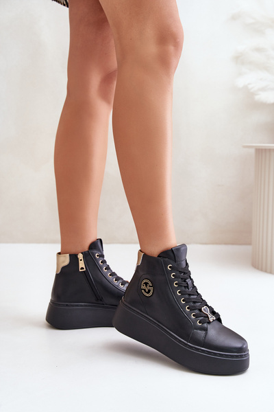 Sneakersy Damskie Wysokie Skóra Naturalna Platforma Czarne Vinceza 66707
