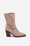 Ladies warm ankle boots on a heel with straps and a decorative detail beige Neria