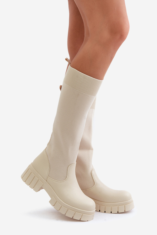 Knee Boots With Elastic Shaft On Flat Heel Light Beige Mesidra