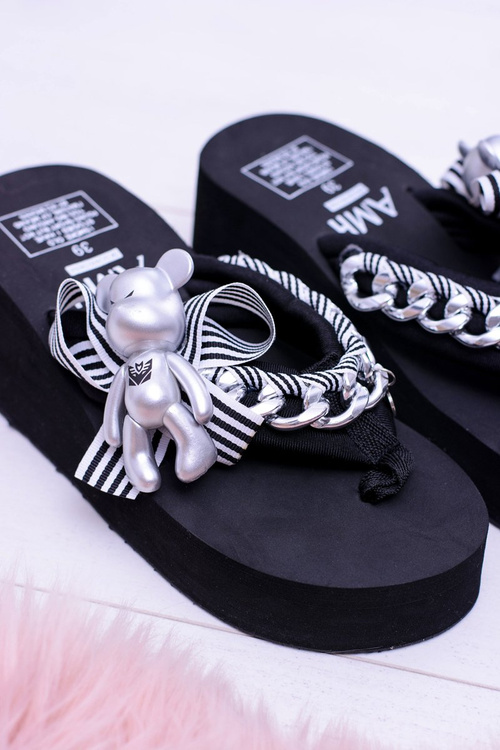 Czarne Ekstrawaganckie Klapki na Koturnie Shock