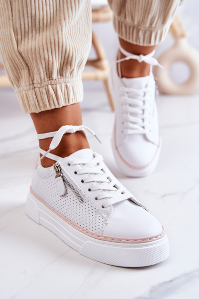 Buty Sportowe Platforma Wiązane Biało-Różowe Louisa