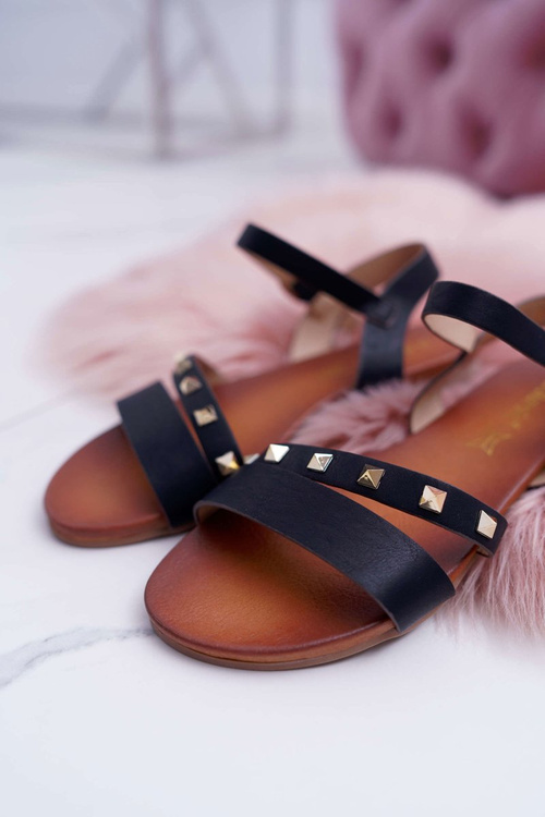 Women's Flat Sandals with Gold Studs Black Raven