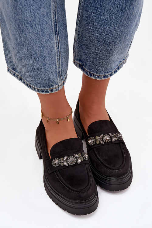 Damskie Eko Zamszowe Mokasyny Z Kryształkami Czarne Lavisse