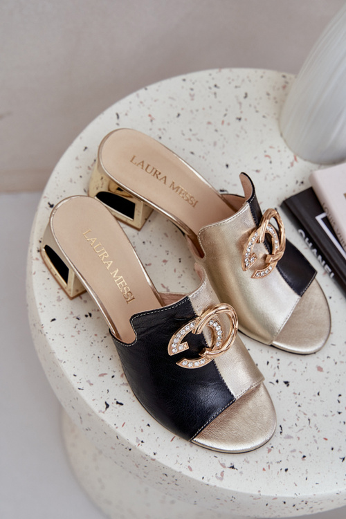 Klapki Damskie Skóra Naturalna Obcas Eleganckie Czarno-Złote Laura Messi 2875