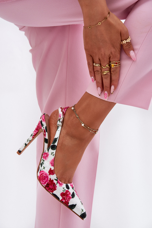 Damskie Sandały Na Szpilce W Róże Zdobienie Białe Vevessa