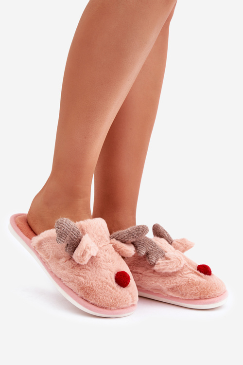 Women Fur Slippers With Reindeer Motif Pink Sennalith