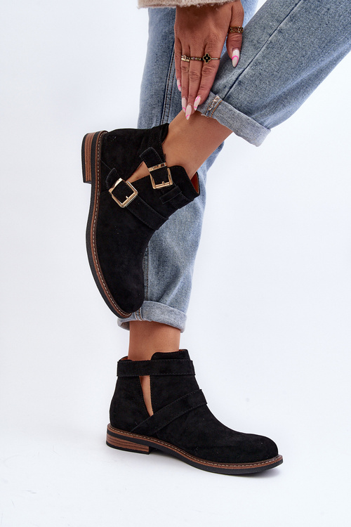 Women's Flat Heel Ankle Boots with Straps Black Melviana