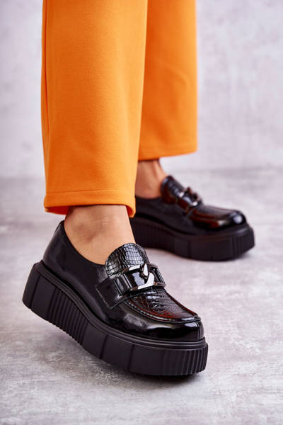 Półbuty Modne Skóra Platforma Czarne Marsol