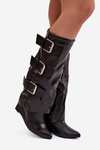 Women's Platform Boots with Turned Top and Silver Buckles Black Sarisse