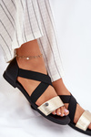 Women's Flat Sandals With Elastic Straps Black-Gold Marinea