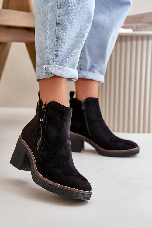 Lined Women's Ankle Boots with Block Heel in Black Faux Suede Velarilla