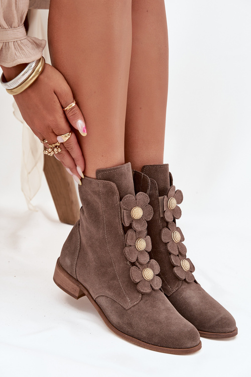 Suede Women's Ankle Boots with Decorative Flowers Zazoo 3085 Dark Beige