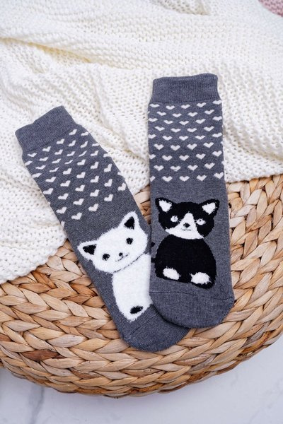 Women's Non-Slip Socks Warm Grey with Cat