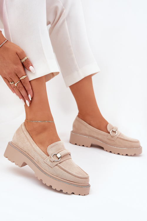 Mokasyny Eko Skórzane Zdobione Cyrkoniami Beżowe Patina