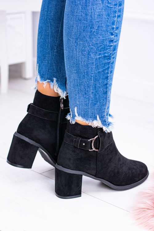 Damskie Czarne Botki Na Słupku Z Klamrą Zamsz Evoret