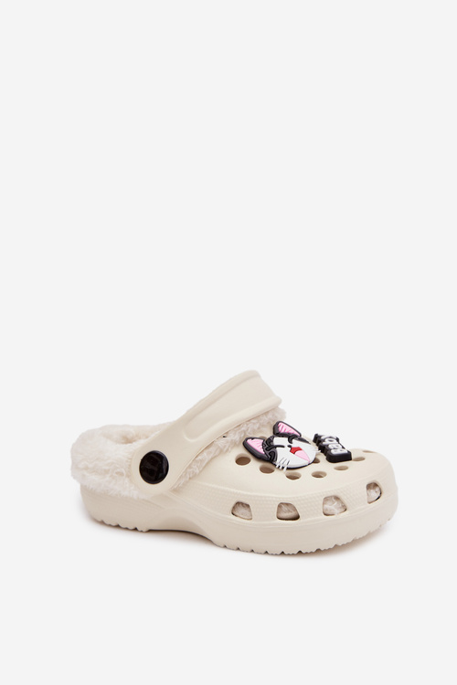 Klapki Piankowe Dziecięce Ocieplane Futerkiem Przypinki Kremowe Cerelle 