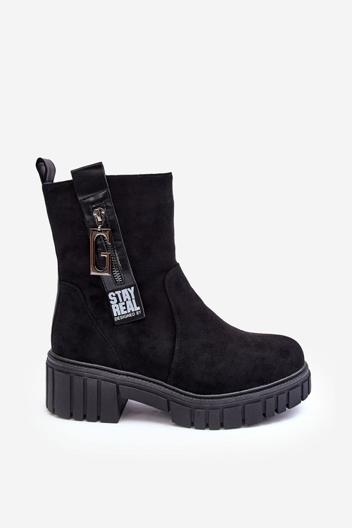 Women's Massive Suede Boots on a Flat Heel Black Lunai
