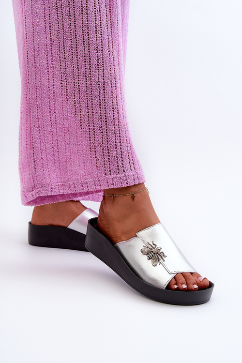 Elegant Women's Slippers With Decoration Genuine Leather S.Barski KV27-015 Silver