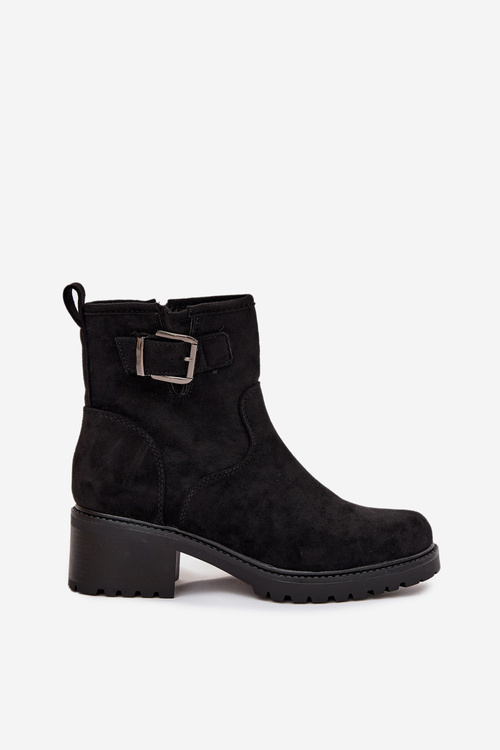 Insulated Women's Ankle Boots Low Heel Block with Buckle Black Helvina