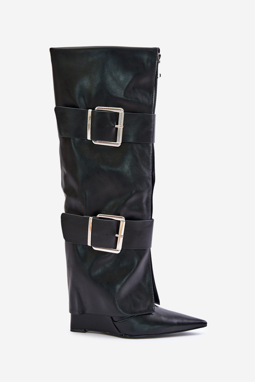 Knee High Wedge Boots with Folded Shaft and Buckles Tamirla