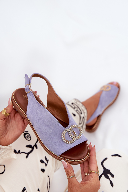 Women's Sandals With Decoration On Flat Blue Heel Eco Suede Beige Ralisses