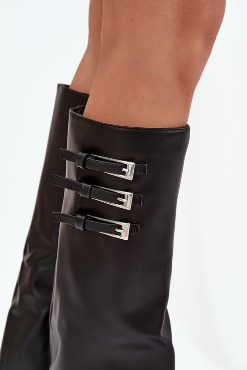 Women's Ankle Boots On Heels Turned Shaft Straps With Buckles Black Nirisa