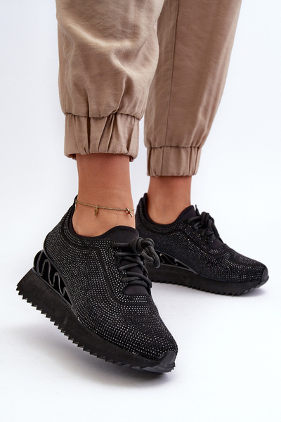 Sneakersy Zdobione Cyrkoniami Na Koturnie Damskie Czarne D&A MR38-377